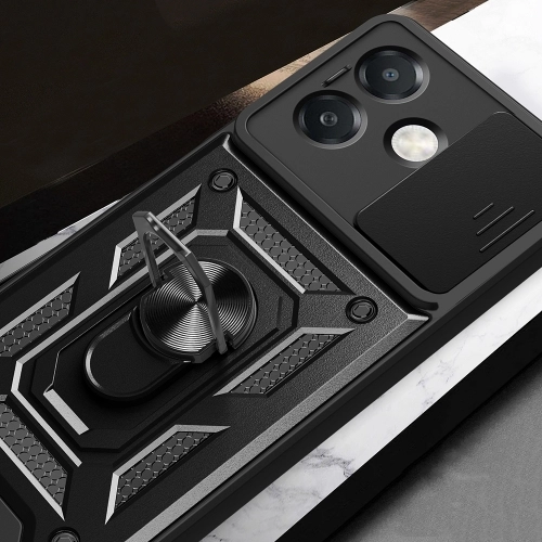 Oppo A3 Kılıf Zırhlı Standlı Silikon Sürgülü Kamera Korumalı Tank Kapak - Siyah