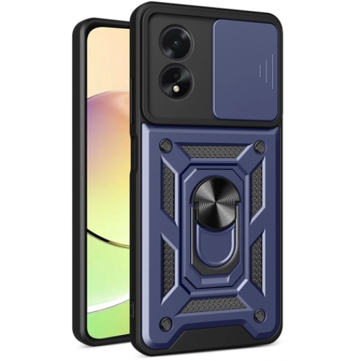 Oppo A38 Kılıf Zırhlı Standlı Silikon Sürgülü Kamera Korumalı Tank Kapak - Mavi