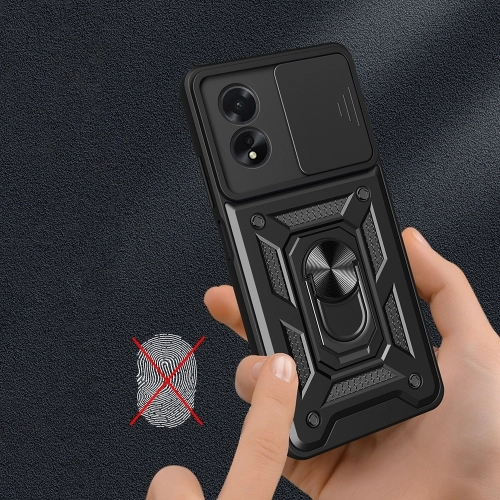 Oppo A38 Kılıf Zırhlı Standlı Silikon Sürgülü Kamera Korumalı Tank Kapak - Mavi