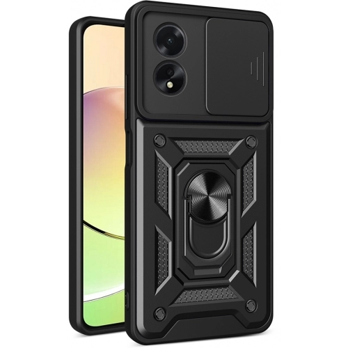 Oppo A38 Kılıf Zırhlı Standlı Silikon Sürgülü Kamera Korumalı Tank Kapak - Siyah