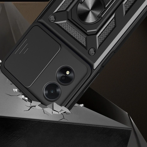 Oppo A38 Kılıf Zırhlı Standlı Silikon Sürgülü Kamera Korumalı Tank Kapak - Siyah