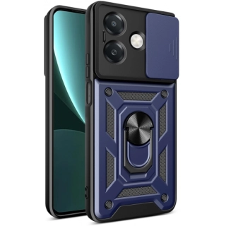 Oppo A3x Kılıf Zırhlı Standlı Silikon Sürgülü Kamera Korumalı Tank Kapak - Mavi