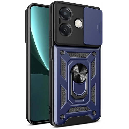 Oppo A3x Kılıf Zırhlı Standlı Silikon Sürgülü Kamera Korumalı Tank Kapak - Mavi