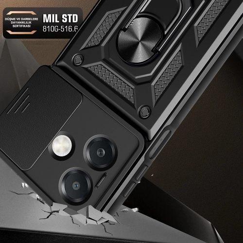 Oppo A3x Kılıf Zırhlı Standlı Silikon Sürgülü Kamera Korumalı Tank Kapak - Siyah