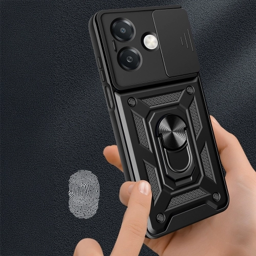 Oppo A3x Kılıf Zırhlı Standlı Silikon Sürgülü Kamera Korumalı Tank Kapak - Siyah