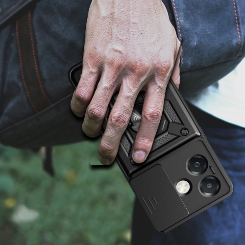 Oppo A3x Kılıf Zırhlı Standlı Silikon Sürgülü Kamera Korumalı Tank Kapak - Siyah