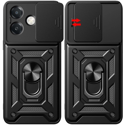 Oppo A3x Kılıf Zırhlı Standlı Silikon Sürgülü Kamera Korumalı Tank Kapak - Siyah