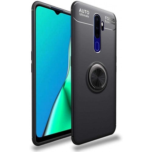 Oppo A5 2020 Kılıf Renkli Silikon Yüzüklü Standlı Auto Focus Ravel Kapak - Siyah