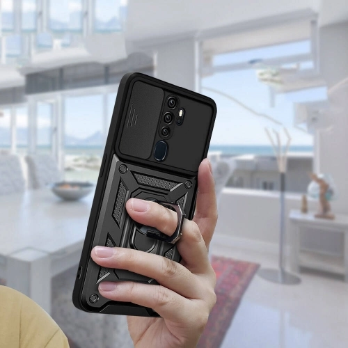 Oppo A5 2020 Kılıf Zırhlı Standlı Silikon Sürgülü Kamera Korumalı Tank Kapak - Mavi