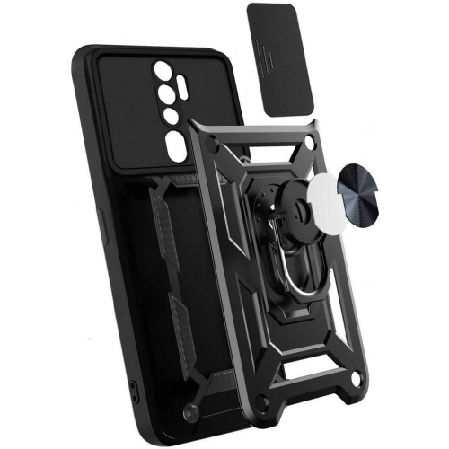 Oppo A5 2020 Kılıf Zırhlı Standlı Silikon Sürgülü Kamera Korumalı Tank Kapak - Mavi