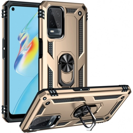 Oppo A54 Kılıf Silikon Zırhlı Standlı Yüzüklü Mıknatıslı Tank Kapak - Gold