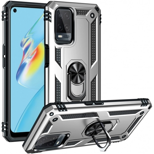 Oppo A54 Kılıf Silikon Zırhlı Standlı Yüzüklü Mıknatıslı Tank Kapak - Gri