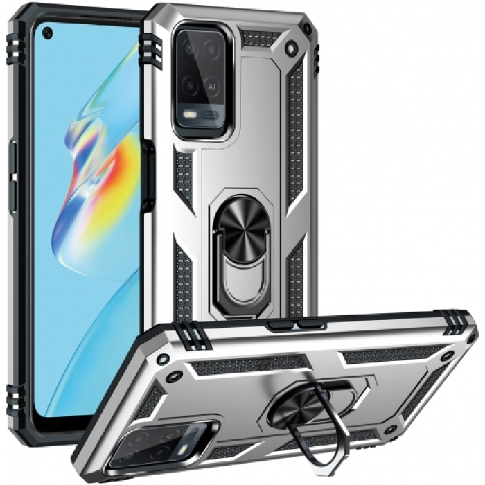 Oppo A54 Kılıf Silikon Zırhlı Standlı Yüzüklü Mıknatıslı Tank Kapak - Gri