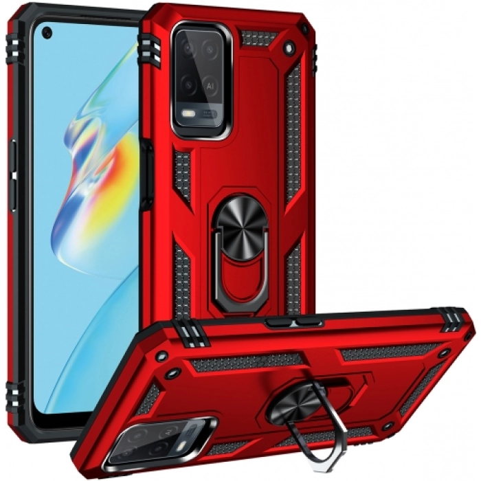 Oppo A54 Kılıf Silikon Zırhlı Standlı Yüzüklü Mıknatıslı Tank Kapak - Kırmızı