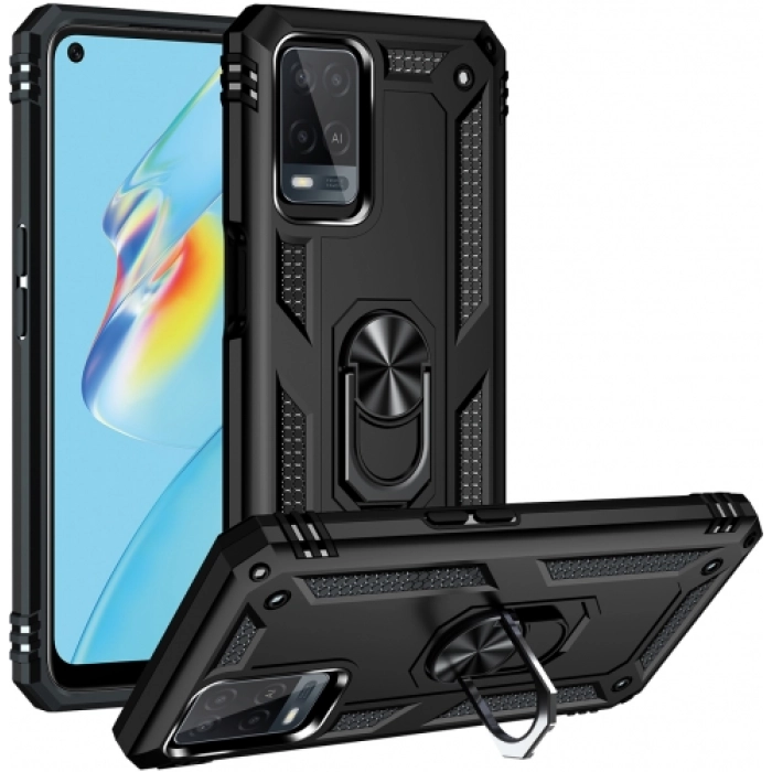 Oppo A54 Kılıf Silikon Zırhlı Standlı Yüzüklü Mıknatıslı Tank Kapak - Siyah