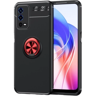 Oppo A55 4G Kılıf Renkli Silikon Yüzüklü Standlı Auto Focus Ravel Kapak - Kırmızı - Siyah