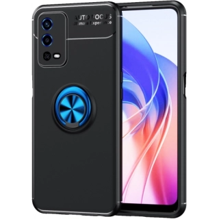 Oppo A55 4G Kılıf Renkli Silikon Yüzüklü Standlı Auto Focus Ravel Kapak - Mavi - Siyah