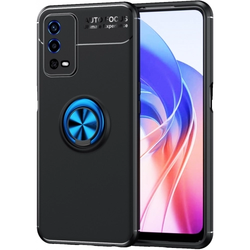 Oppo A55 4G Kılıf Renkli Silikon Yüzüklü Standlı Auto Focus Ravel Kapak - Mavi - Siyah