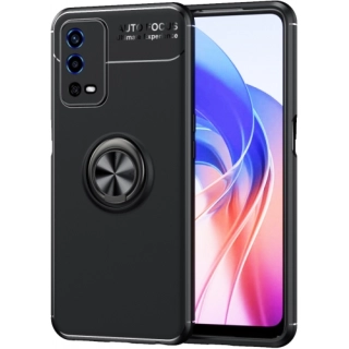 Oppo A55 4G Kılıf Renkli Silikon Yüzüklü Standlı Auto Focus Ravel Kapak - Siyah