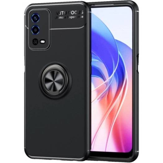 Oppo A55 4G Kılıf Renkli Silikon Yüzüklü Standlı Auto Focus Ravel Kapak - Siyah