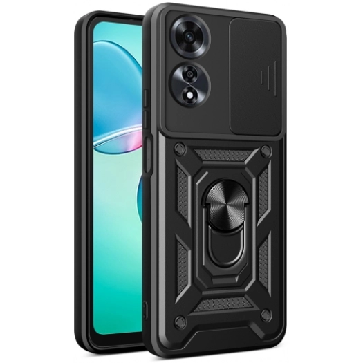 Oppo A60 Kılıf Zırhlı Standlı Silikon Sürgülü Kamera Korumalı Tank Kapak - Siyah