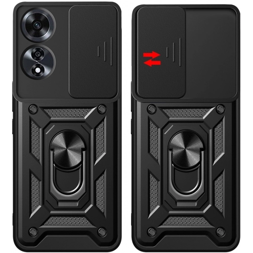 Oppo A60 Kılıf Zırhlı Standlı Silikon Sürgülü Kamera Korumalı Tank Kapak - Siyah