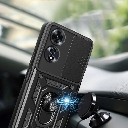 Oppo A60 Kılıf Zırhlı Standlı Silikon Sürgülü Kamera Korumalı Tank Kapak - Siyah
