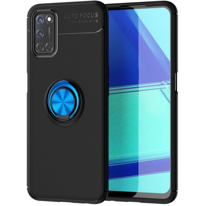 Oppo A72 Kılıf Renkli Silikon Yüzüklü Standlı Auto Focus Ravel Kapak - Mavi - Siyah
