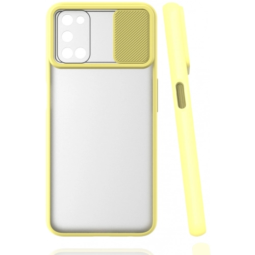 Oppo A72 Kılıf Silikon Sürgülü Lens Korumalı Buzlu Şeffaf - Sarı