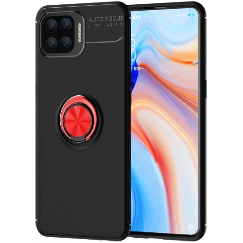Oppo A73 Kılıf Renkli Silikon Yüzüklü Standlı Auto Focus Ravel Kapak - Kırmızı - Siyah