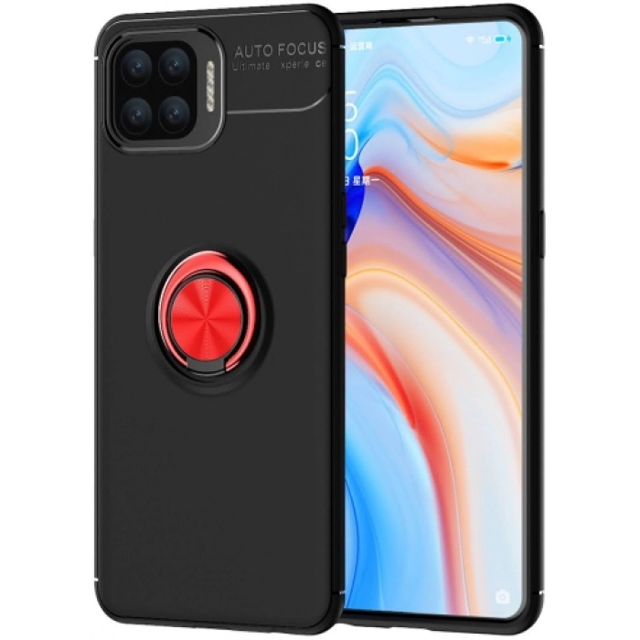 Oppo A73 Kılıf Renkli Silikon Yüzüklü Standlı Auto Focus Ravel Kapak - Kırmızı - Siyah