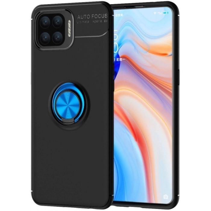 Oppo A73 Kılıf Renkli Silikon Yüzüklü Standlı Auto Focus Ravel Kapak - Mavi - Siyah