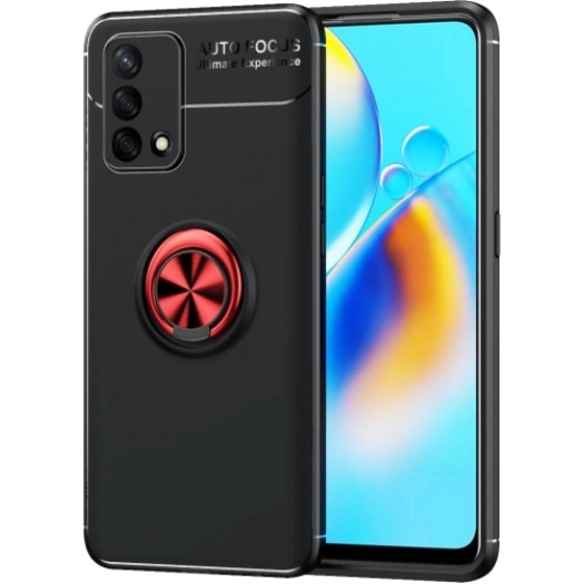 Oppo A74 Kılıf Renkli Silikon Yüzüklü Standlı Auto Focus Ravel Kapak - Kırmızı - Siyah