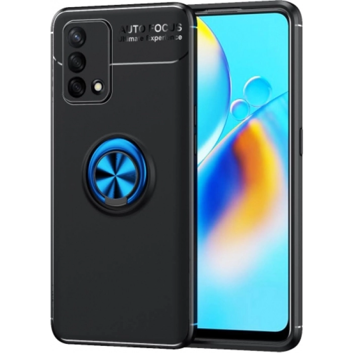 Oppo A74 Kılıf Renkli Silikon Yüzüklü Standlı Auto Focus Ravel Kapak - Mavi - Siyah