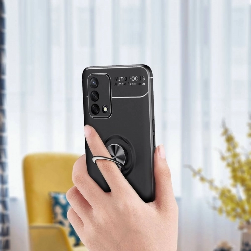 Oppo A74 Kılıf Renkli Silikon Yüzüklü Standlı Auto Focus Ravel Kapak - Siyah
