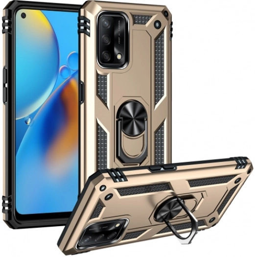 Oppo A74 Kılıf Silikon Zırhlı Standlı Yüzüklü Mıknatıslı Tank Kapak - Gold