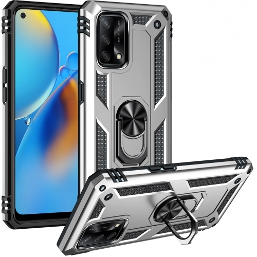 Oppo A74 Kılıf Silikon Zırhlı Standlı Yüzüklü Mıknatıslı Tank Kapak - Gri