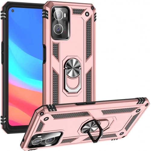 Oppo A76 Kılıf Silikon Zırhlı Standlı Yüzüklü Mıknatıslı Tank Kapak - Rose Gold