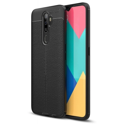 Oppo A9 2020 Kılıf Deri Görünümlü Lüks Parmak İzi Bırakmaz Niss Silikon Kapak - Siyah