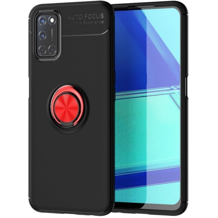 Oppo A92 Kılıf Renkli Silikon Yüzüklü Standlı Auto Focus Ravel Kapak - Kırmızı - Siyah