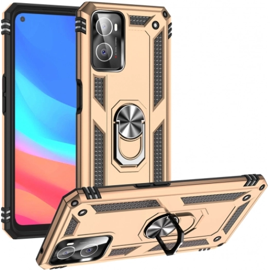 Oppo A96 4G Kılıf Silikon Zırhlı Standlı Yüzüklü Mıknatıslı Tank Kapak - Gold
