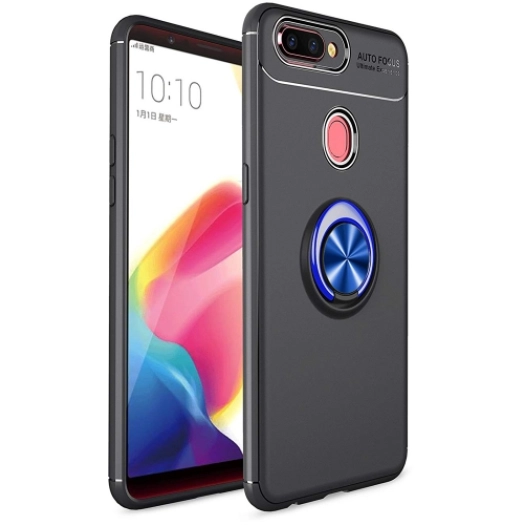 Oppo AX7 Kılıf Renkli Silikon Yüzüklü Standlı Auto Focus Ravel Kapak - Mavi - Siyah