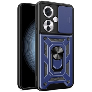 Oppo Reno 11 FS Kılıf Zırhlı Standlı Silikon Sürgülü Kamera Korumalı Tank Kapak - Mavi