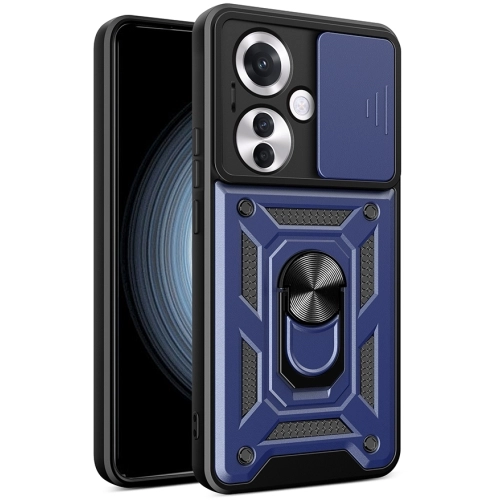 Oppo Reno 11 FS Kılıf Zırhlı Standlı Silikon Sürgülü Kamera Korumalı Tank Kapak - Mavi