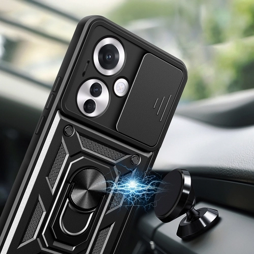 Oppo Reno 11 FS Kılıf Zırhlı Standlı Silikon Sürgülü Kamera Korumalı Tank Kapak - Mavi