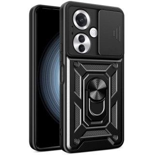 Oppo Reno 11 FS Kılıf Zırhlı Standlı Silikon Sürgülü Kamera Korumalı Tank Kapak - Siyah