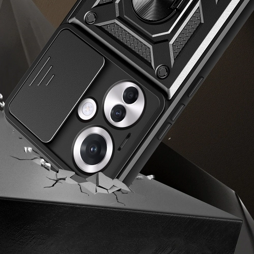 Oppo Reno 11 FS Kılıf Zırhlı Standlı Silikon Sürgülü Kamera Korumalı Tank Kapak - Siyah