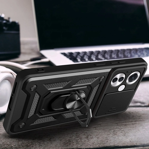 Oppo Reno 11 FS Kılıf Zırhlı Standlı Silikon Sürgülü Kamera Korumalı Tank Kapak - Siyah