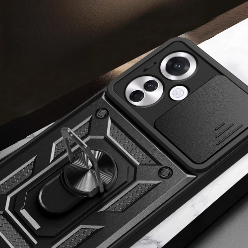 Oppo Reno 11 FS Kılıf Zırhlı Standlı Silikon Sürgülü Kamera Korumalı Tank Kapak - Siyah