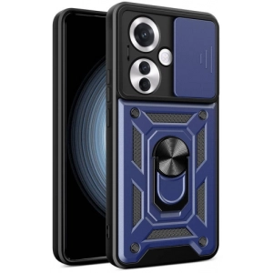 Oppo Reno 11F 5G Kılıf Zırhlı Standlı Silikon Sürgülü Kamera Korumalı Tank Kapak - Mavi